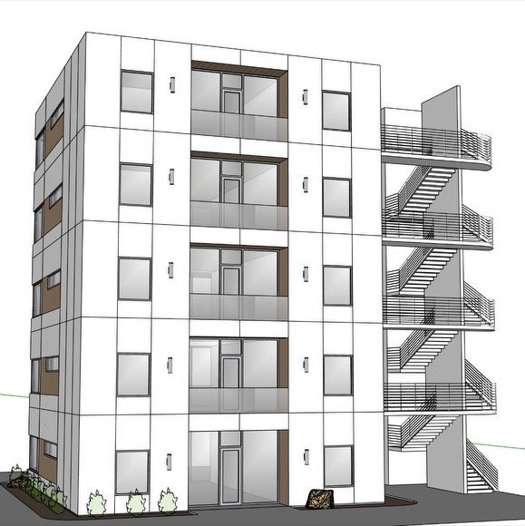 3D rendering of a modern five-story multifamily building with balconies and an exterior staircase for access.