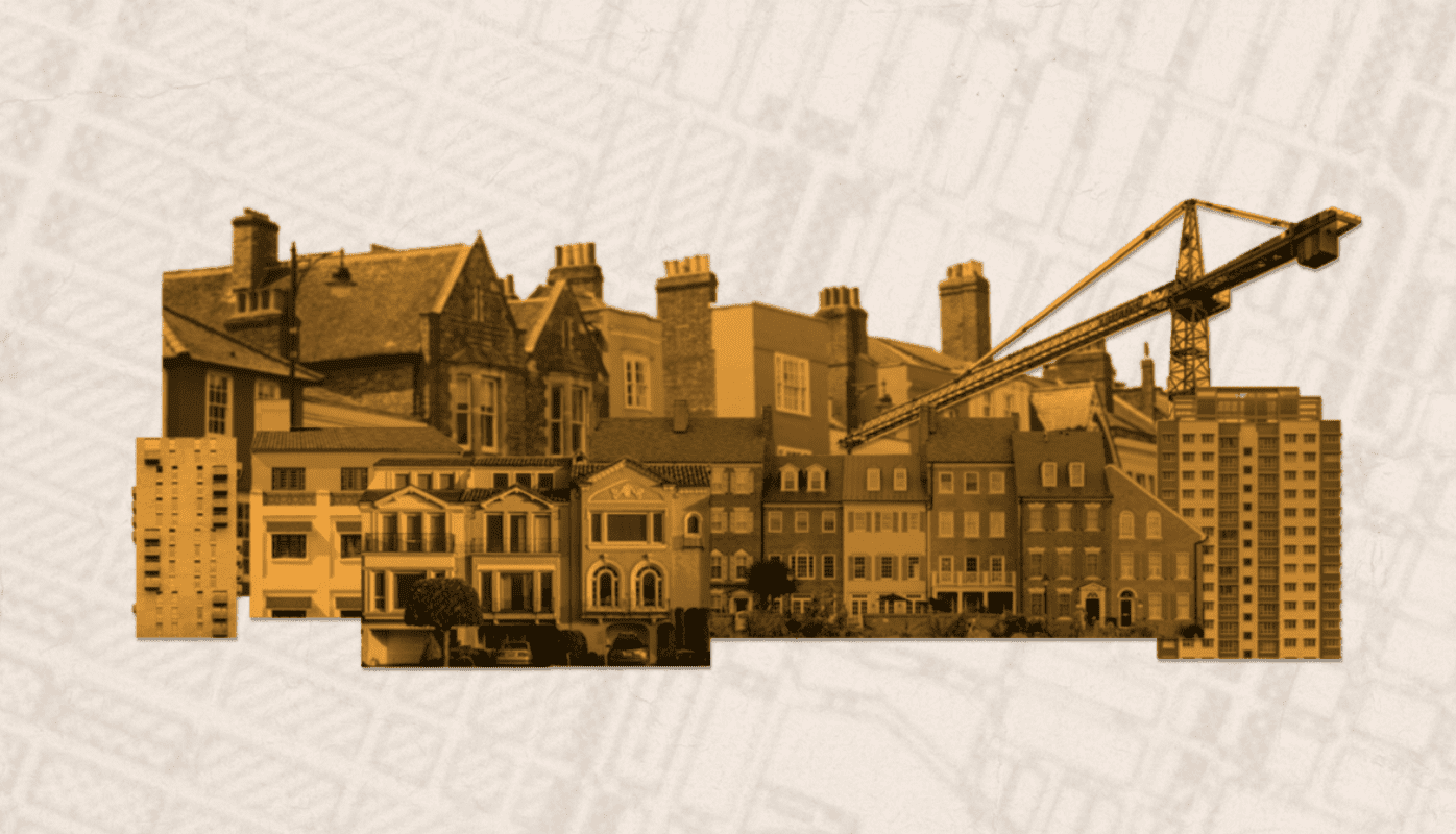 Collage of buildings and a construction crane.