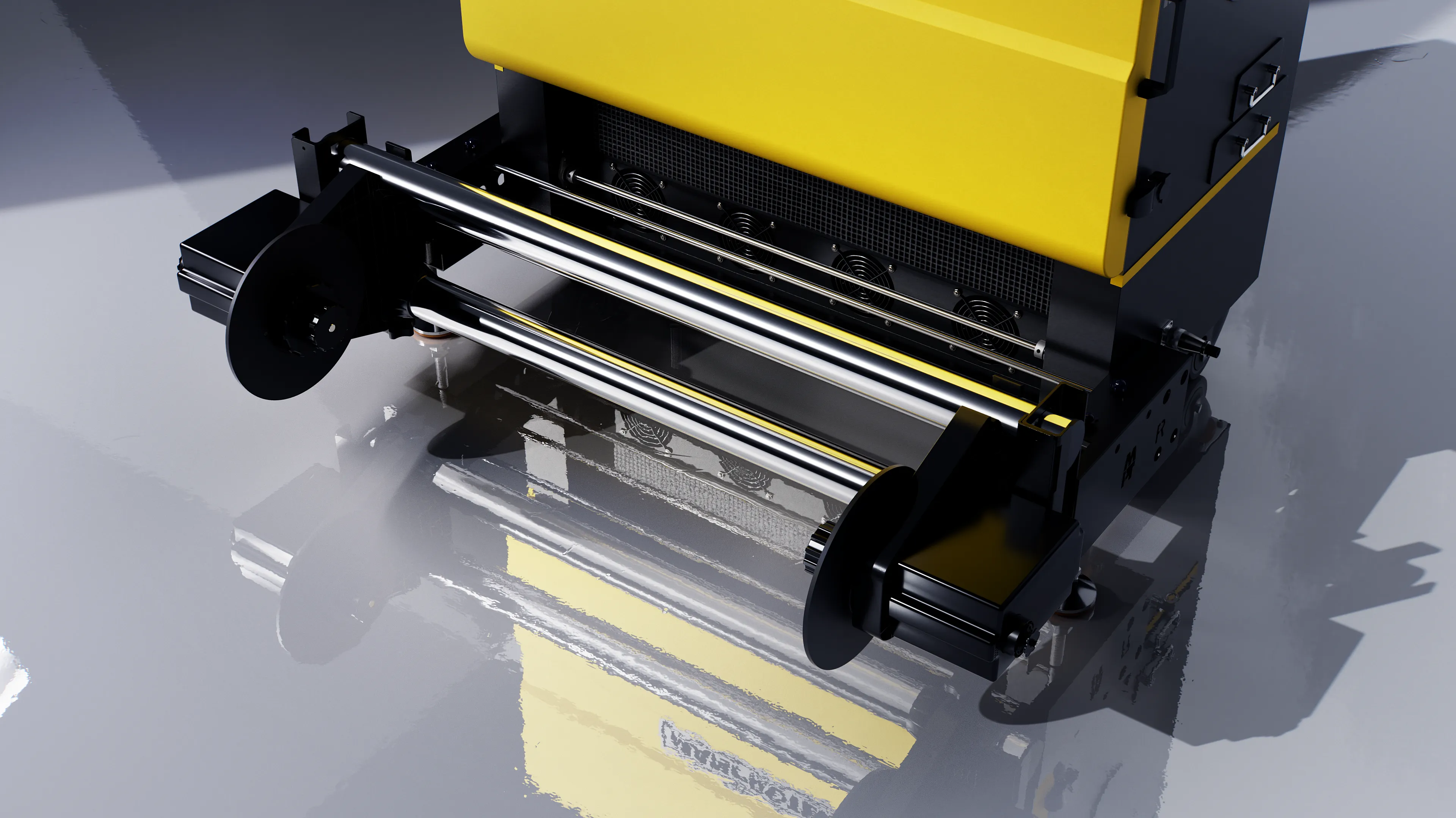 Close-up view of the durable dual take-up system on the Dune M powder shaker, specifically engineered to ensure stable film winding even during long, continuous production runs.