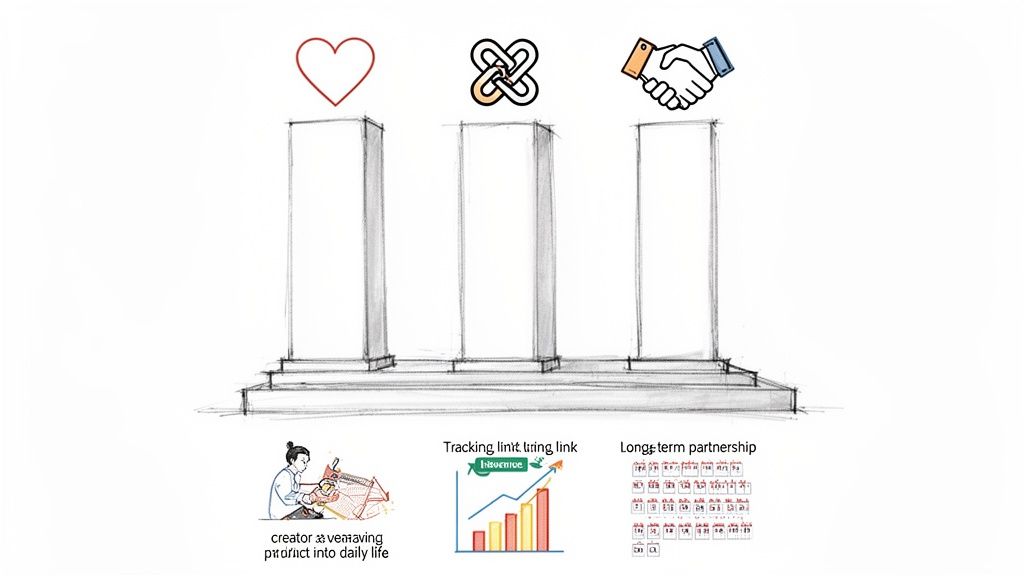 Three pillars with icons and text representing key creator-led commerce principles: creator, tracking, and partnership.