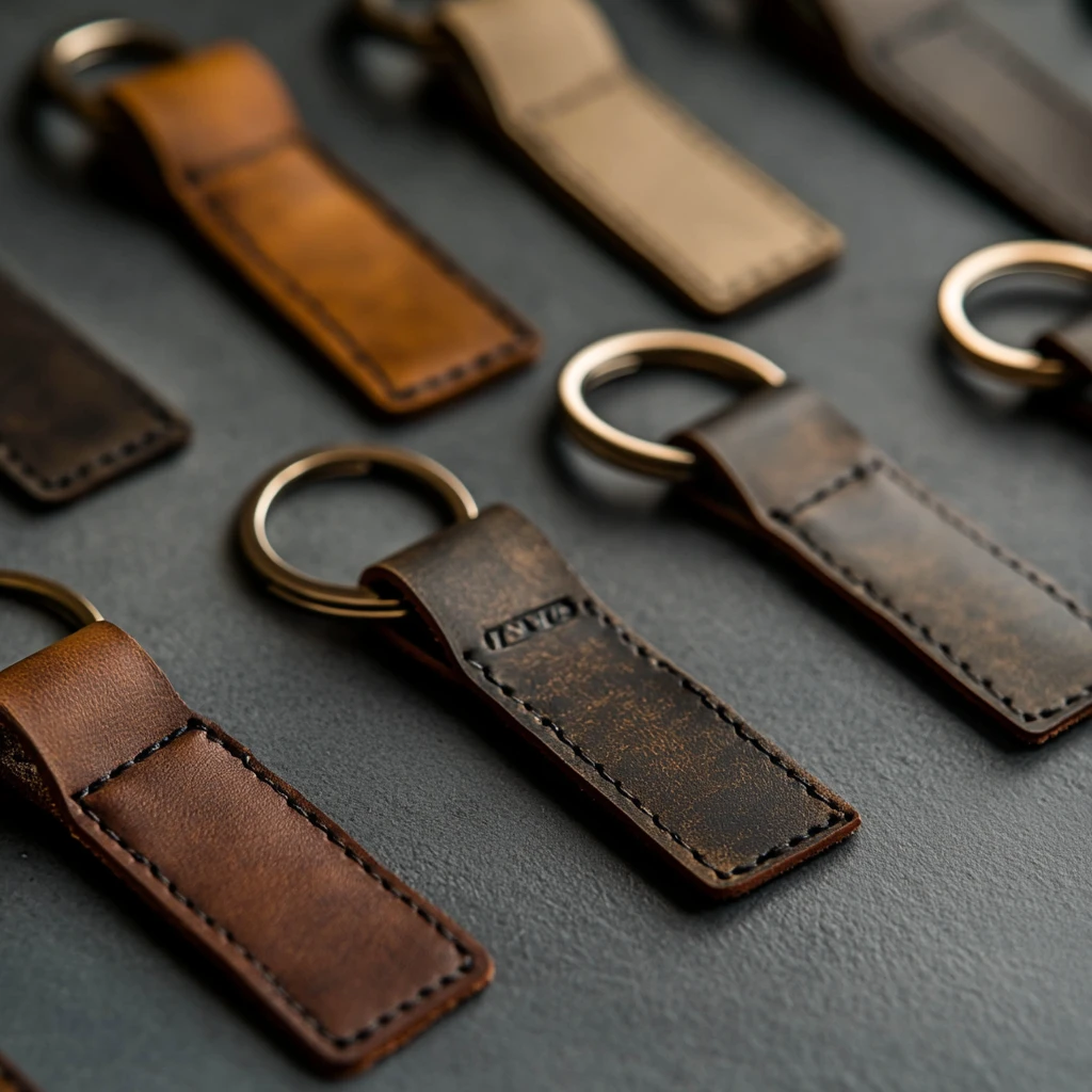 Many leather keychains on a table for custom leather laser engraving