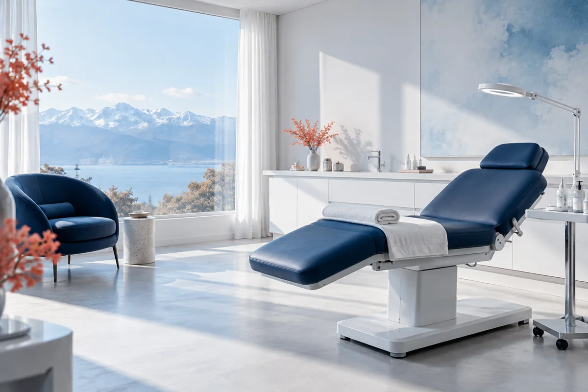 Treatment room with a navy chair and a view of mountains and the sea