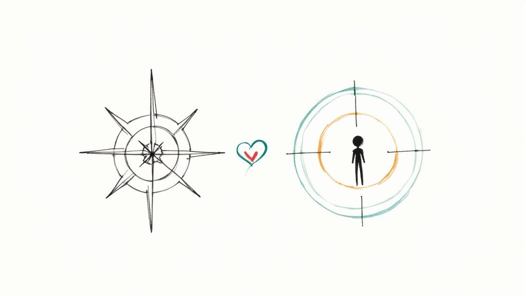 A sketch illustrating a compass, a heart with a checkmark, and a target with a person, symbolizing direction and purpose.