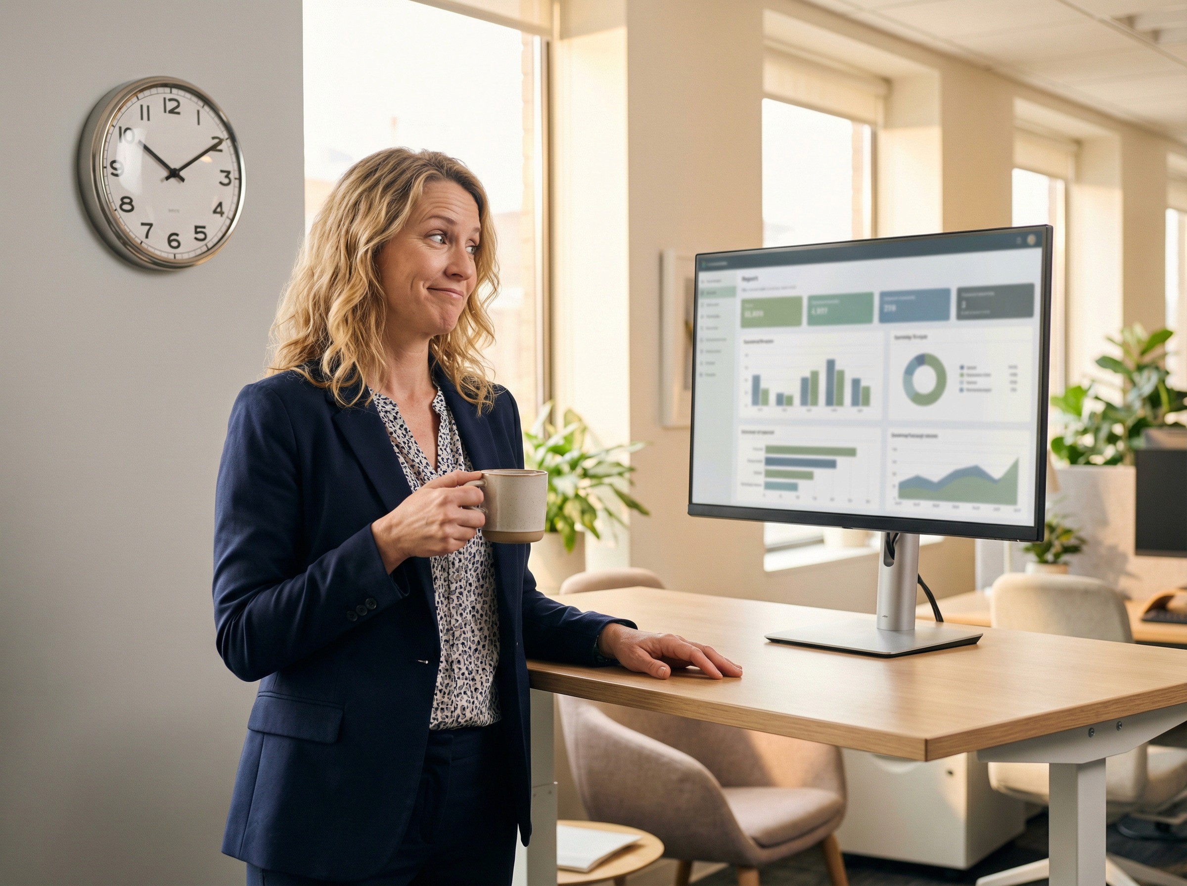 A head of people and culture in her mid-40s standing at a standing desk in a bright, open office, one hand holding a coffee, the other resting on the desk, looking at a monitor that shows a clean, structured report layout — sections, charts, and summary blocks arranged in a polished format, visible in shape and colour but not legible. Her expression is one of quiet disbelief at how quickly this happened — not amazement, just the raised-eyebrow calm of someone who remembers what this used to take.