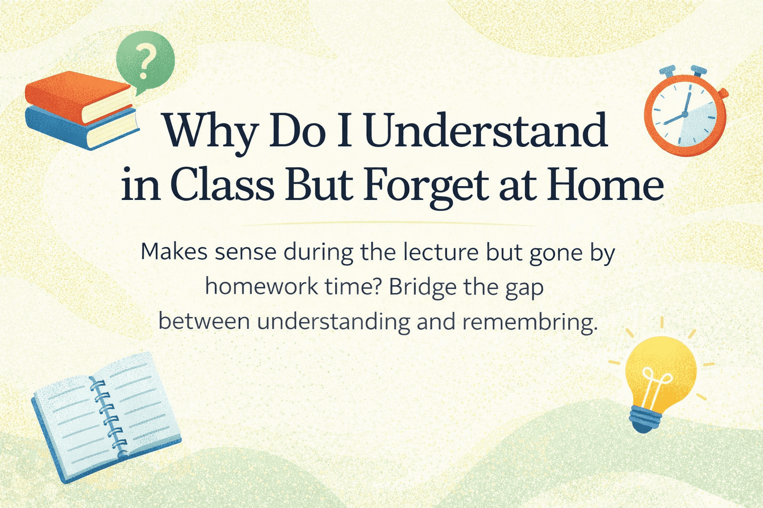 Why Do I Understand in Class But Forget at Home, with books, notebook, stopwatch, and lightbulb on a soft background
