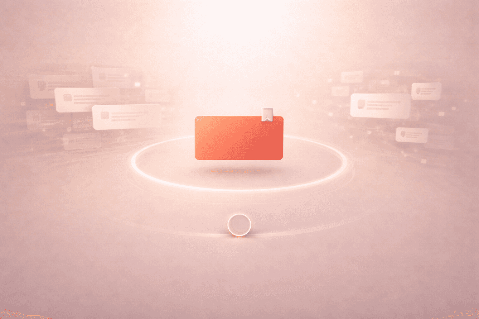 Minimalistische 3D-Illustration auf warmem cremebeigem Hintergrund mit einer zentral schwebenden korallorangenen Aufgabenkarte in einem schützenden Leuchtring, umgeben von verblassenden Meeting- und Benachrichtigungselementen sowie einem kleinen Timer-Ring unten als Symbol für geplante Deep-Work-Zeit trotz Unterbrechungen.