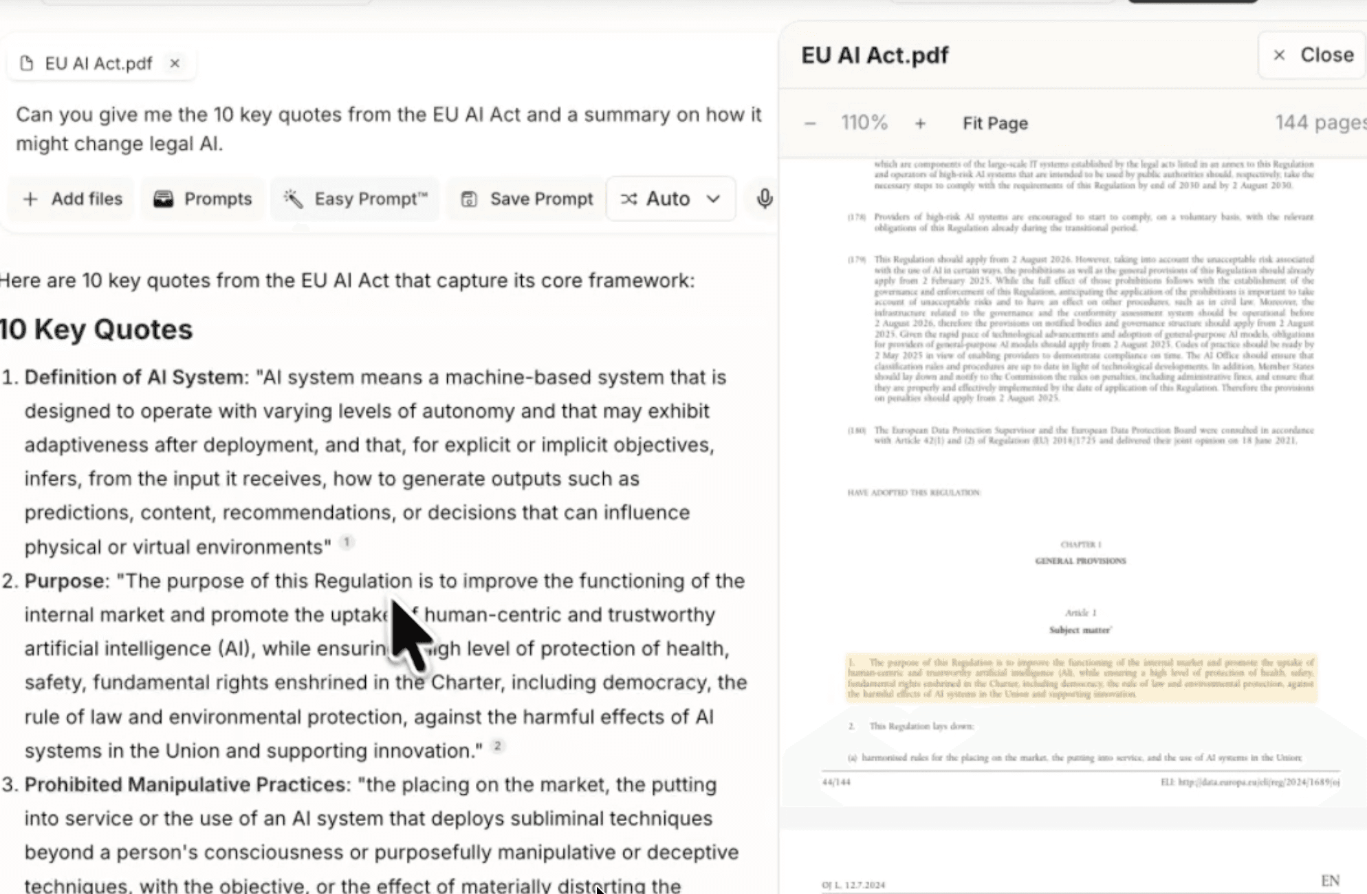 A quote from a document titled "EU AI Act.pdf" showing its source from the original file