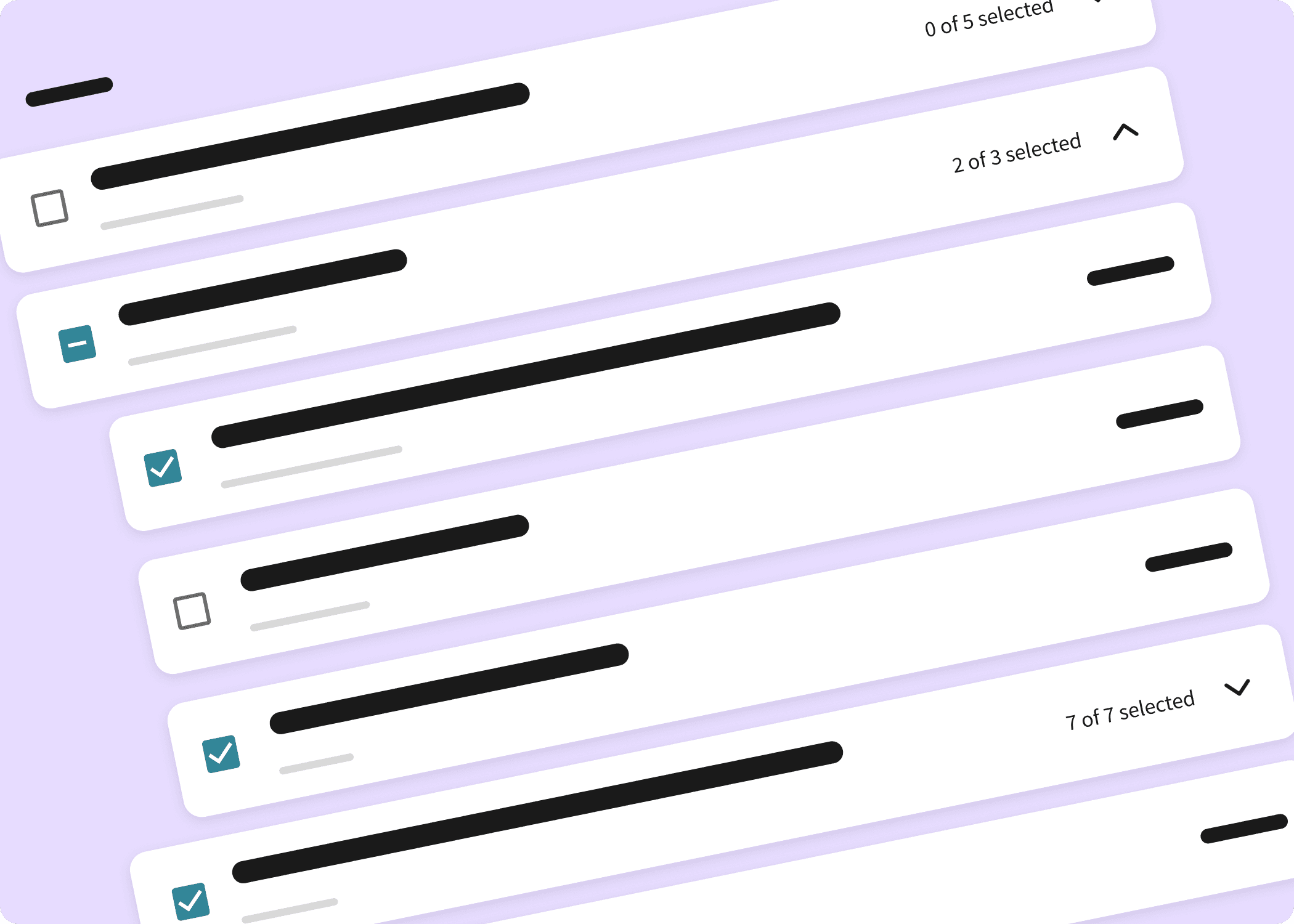List of selectable items in an accoridan style menu. Showing you can select one, or an entire group.