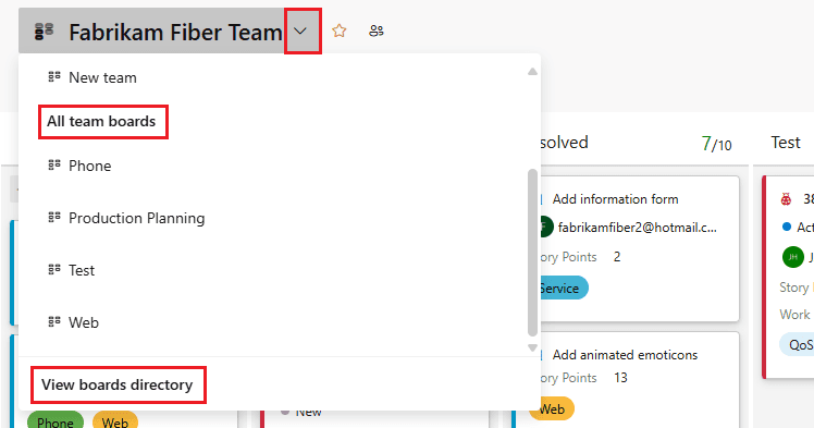 Azure Boards team selector dropdown listing all team boards in a project