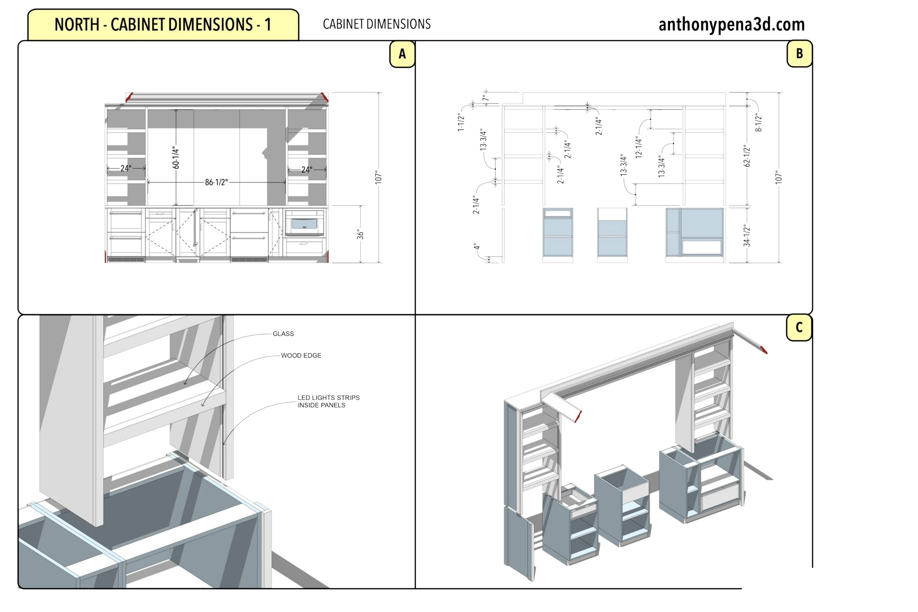 Screen & Seating Bar: technical cabinet elevations and interior views.