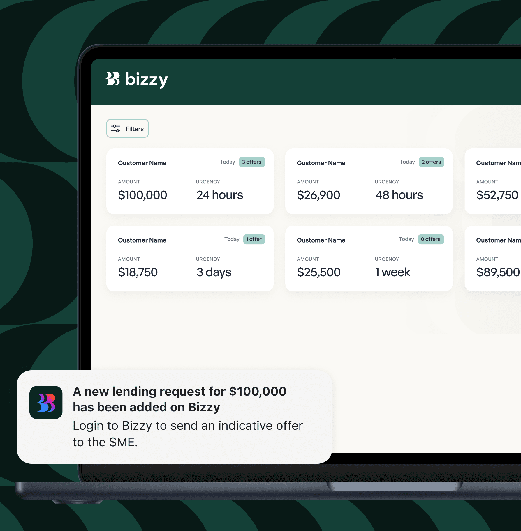 Bizzy Dashboard with lendering offers and a notification for a new lending request