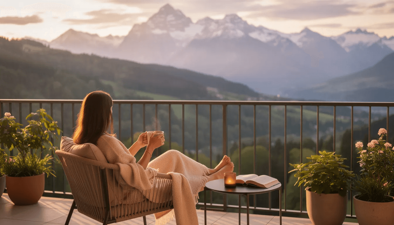 The image depicts a serene scene of an individual relaxing on a balcony, gazing at majestic mountains in the distance. This peaceful moment symbolizes the potential for financial freedom that many lottery winners dream of after a life-changing windfall.