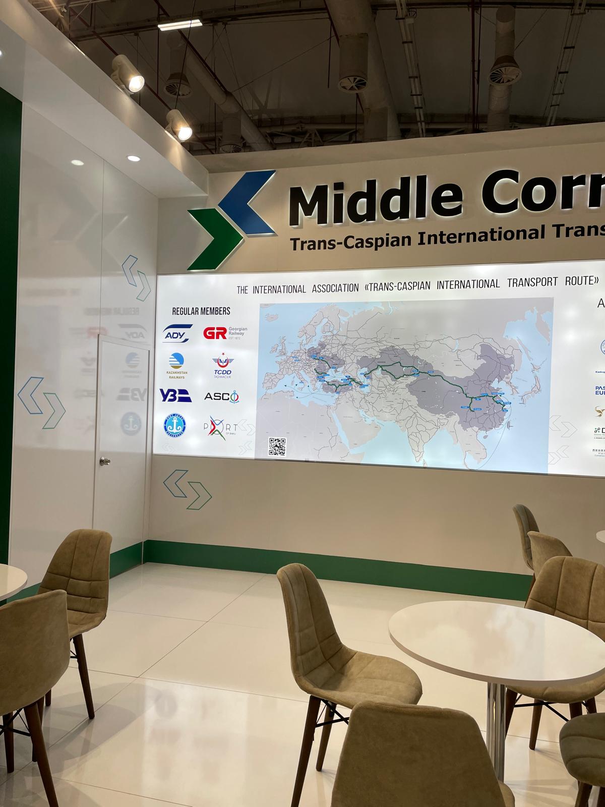 Large back wall at the Middle Corridor stand showing the Trans-Caspian International Transport Route map with regular and associate members.