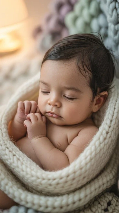 Sleeping baby with hands beside the face in a knitted wrap