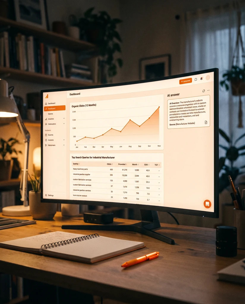A search performance dashboard with rising organic clicks