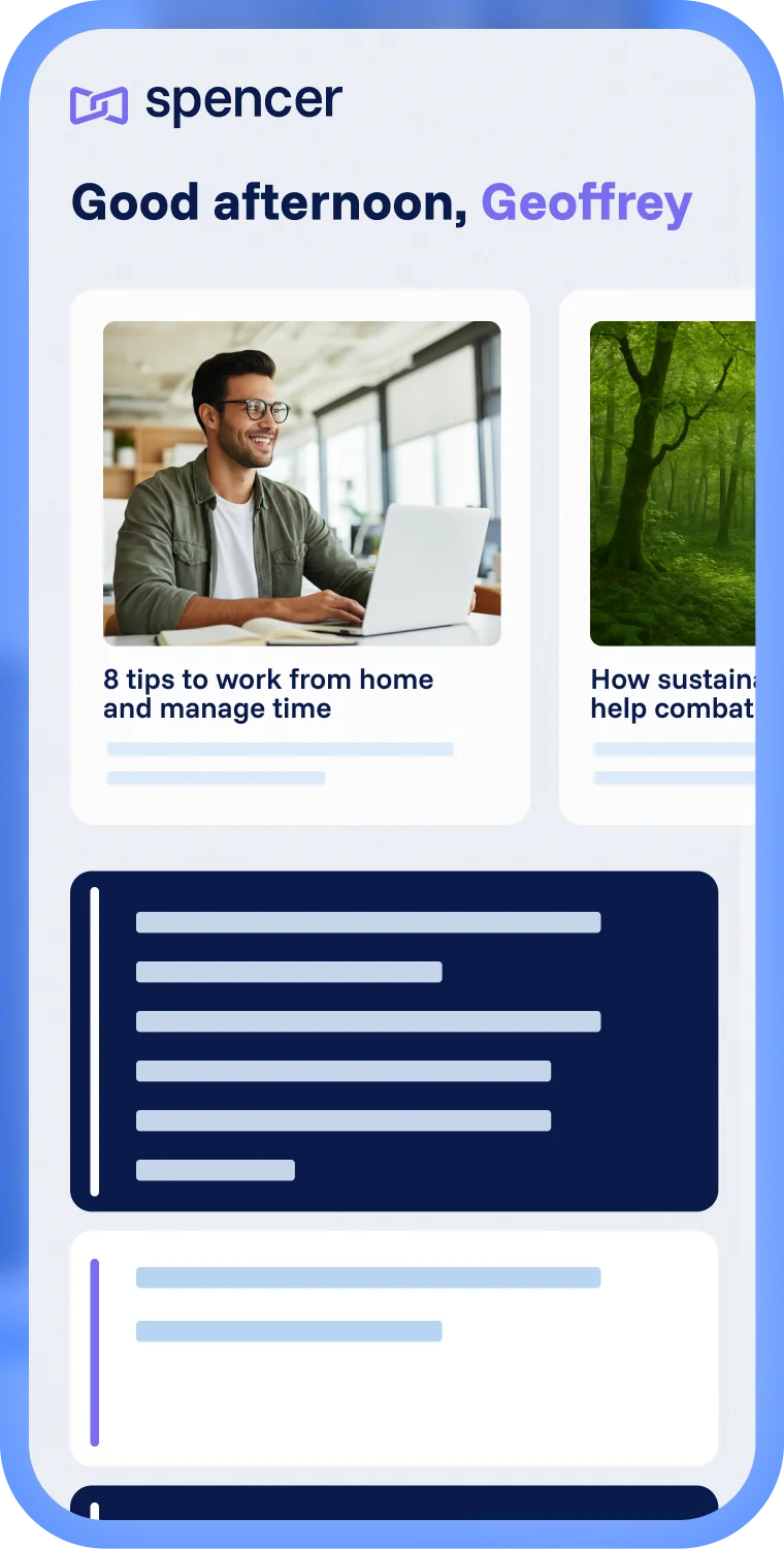 Spencer mobile app for internal communication with article preview, personalized greeting, and overview of internal updates