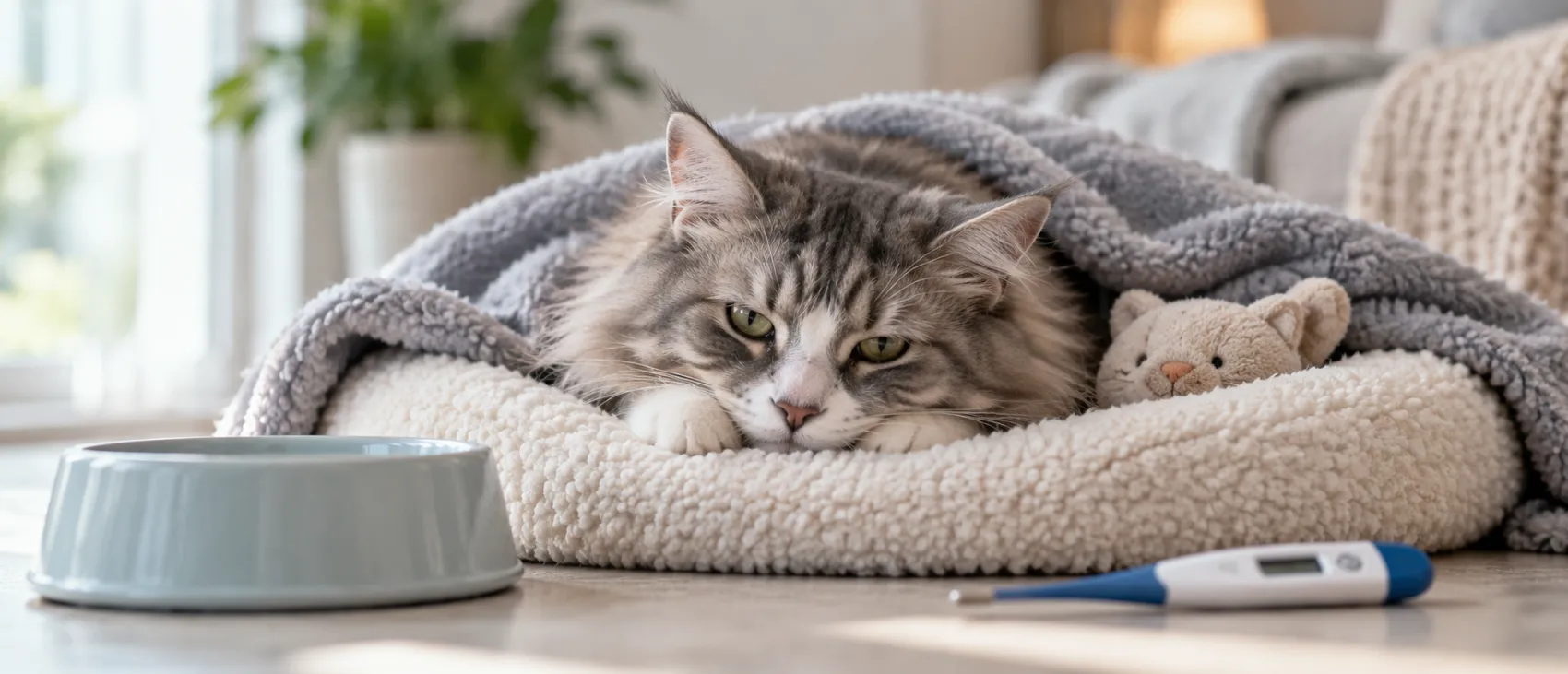 A long-haired cat resting in a blanket beside a food bowl and thermometer.