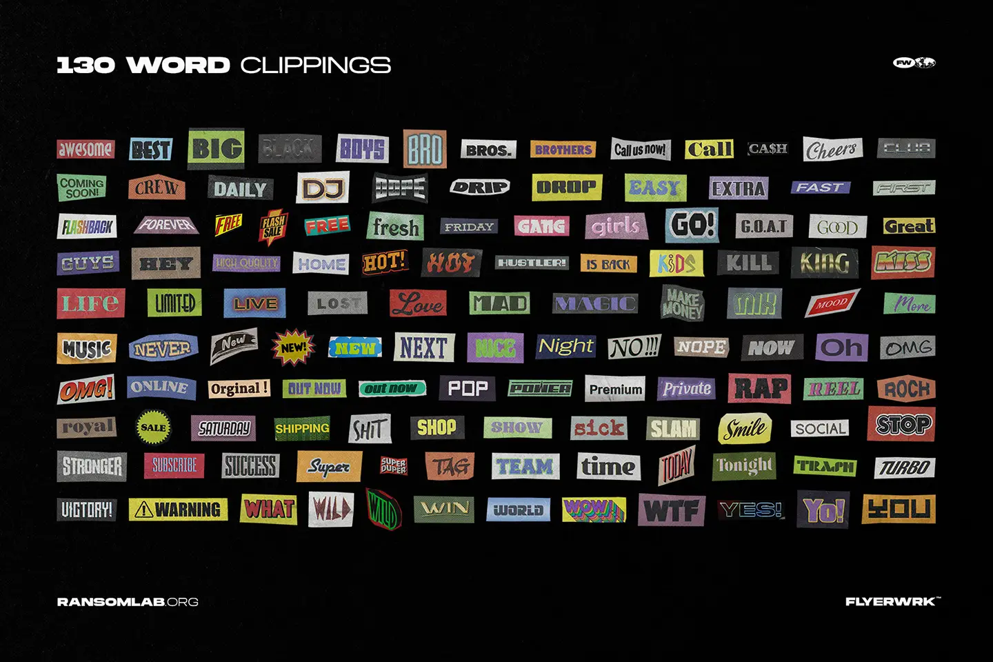 RansomLab library of one hundred thirty word clippings for quick collage and ransom note designs