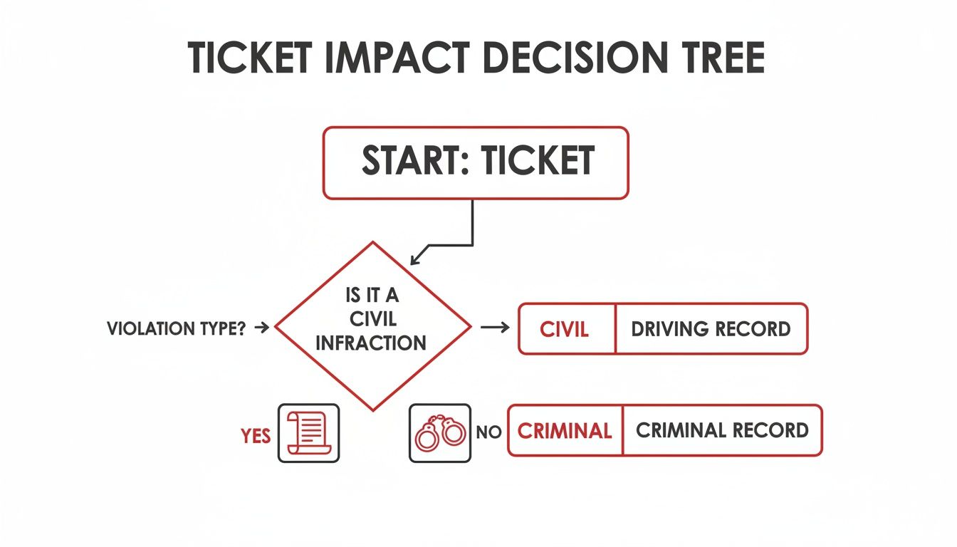 Decision tree flowchart illustrating the impact of a ticket, distinguishing between civil and criminal infractions.