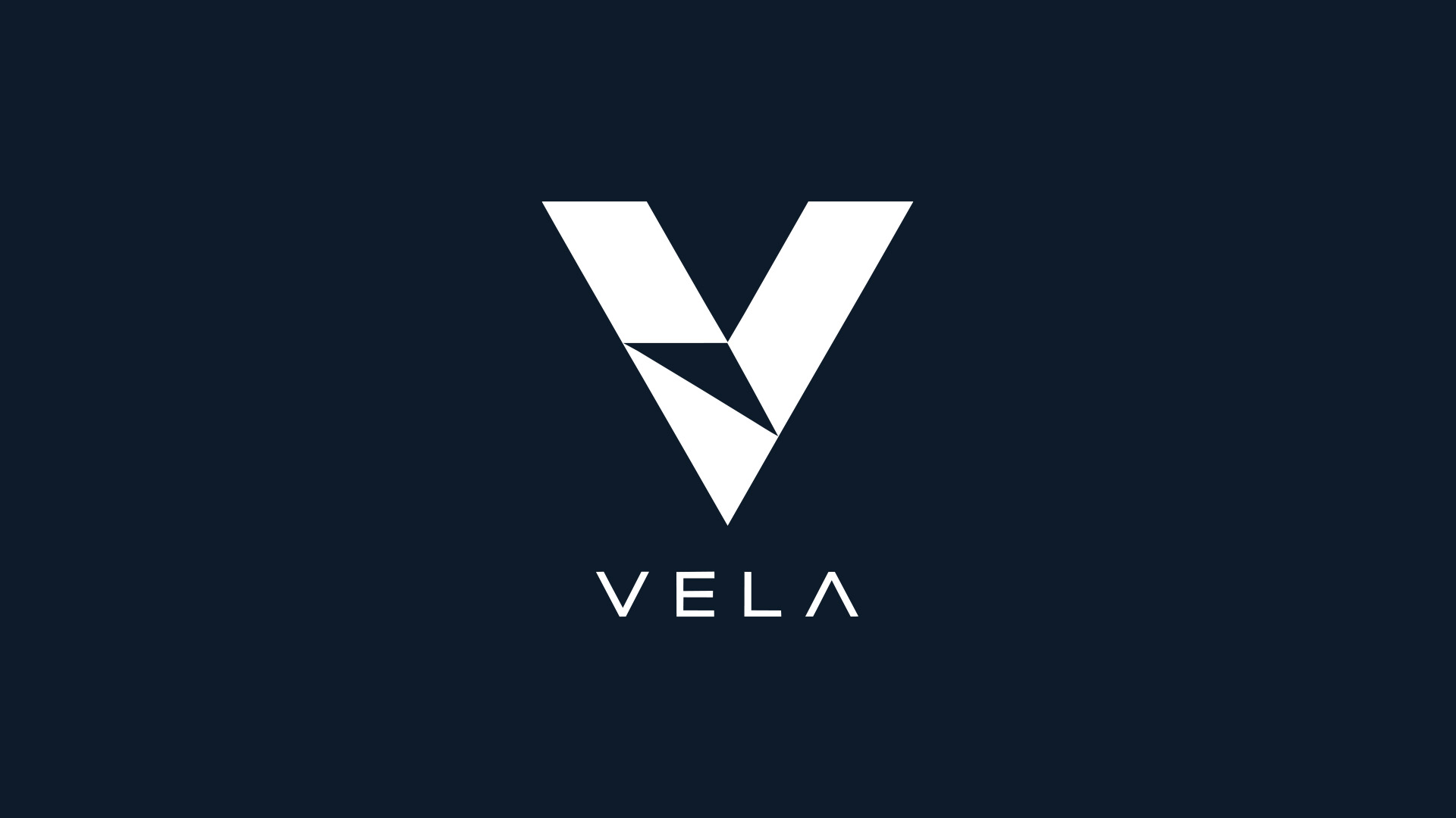 Vela fintech brand identity logo mark on dark navy background, before Adobe Firefly mockup generation