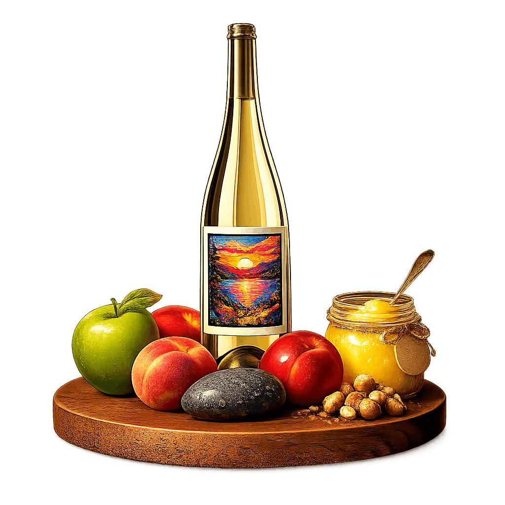 Artistic label and flavor profile for Okanagan Valley Chardonnay on a rustic wooden table.