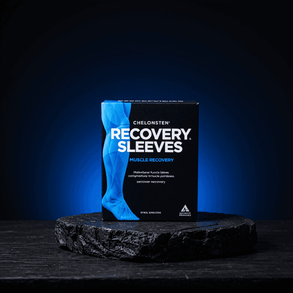 product photography of a box of recovery sleeves designed for muscle recovery