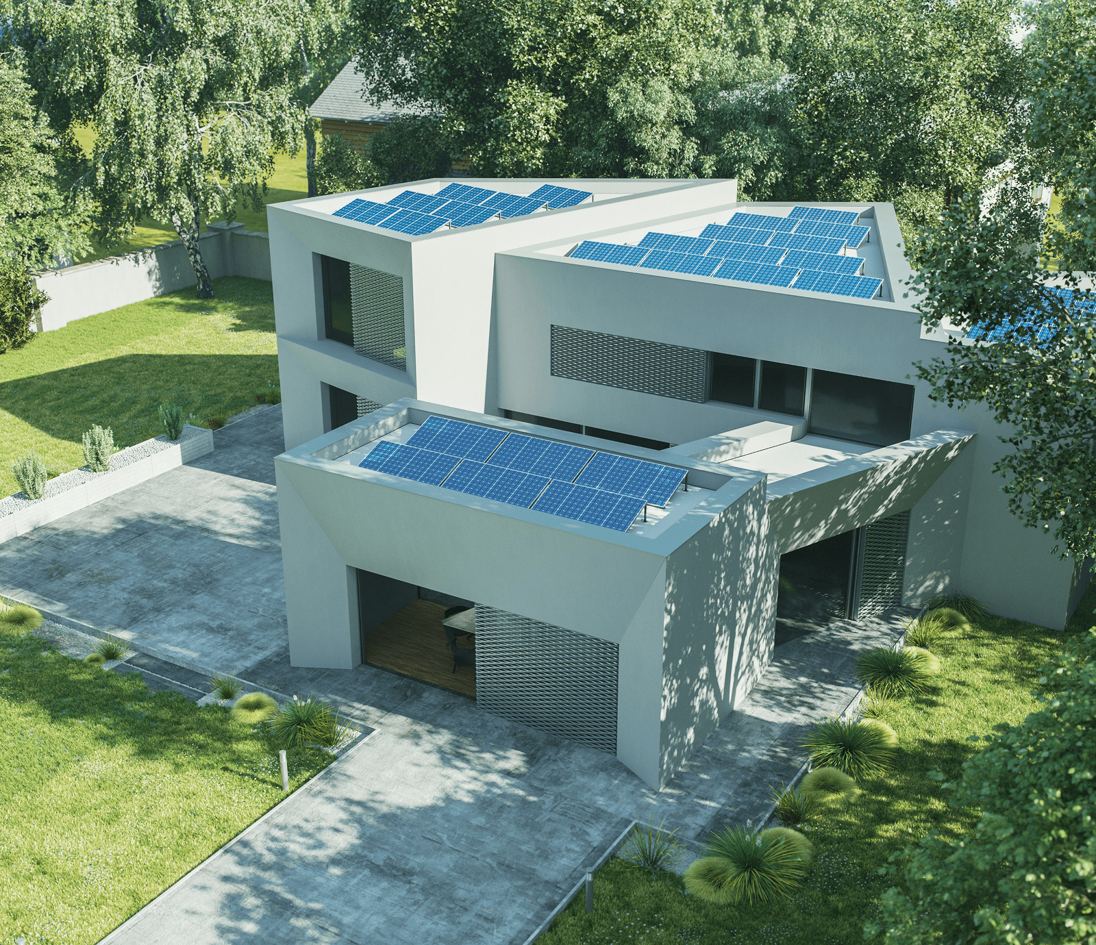 Modern house with solar panels on the roof