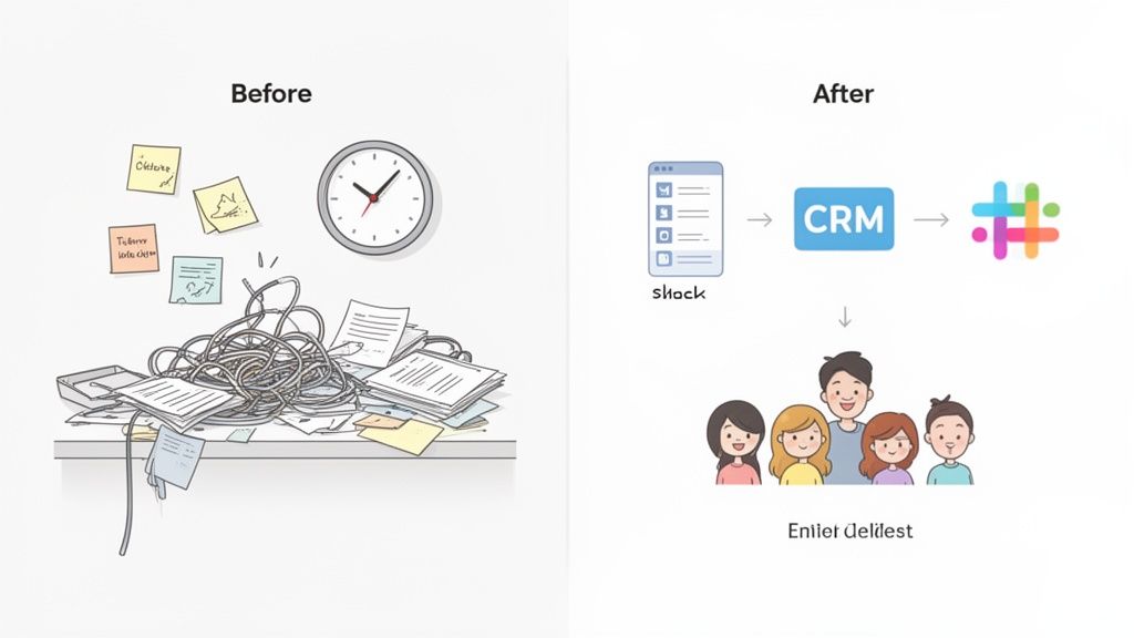 Illustration showing a messy desk before and a streamlined, automated digital workflow after, improving team collaboration.