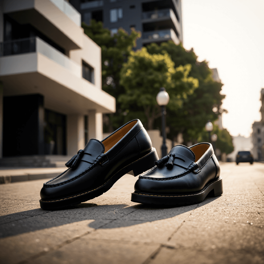 product photography of a pair of black leather shoes with tassels