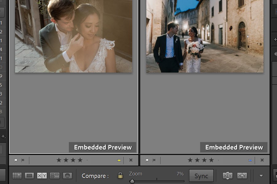 Lightroom Classic compare view displaying two selected images side by side for detailed comparison.