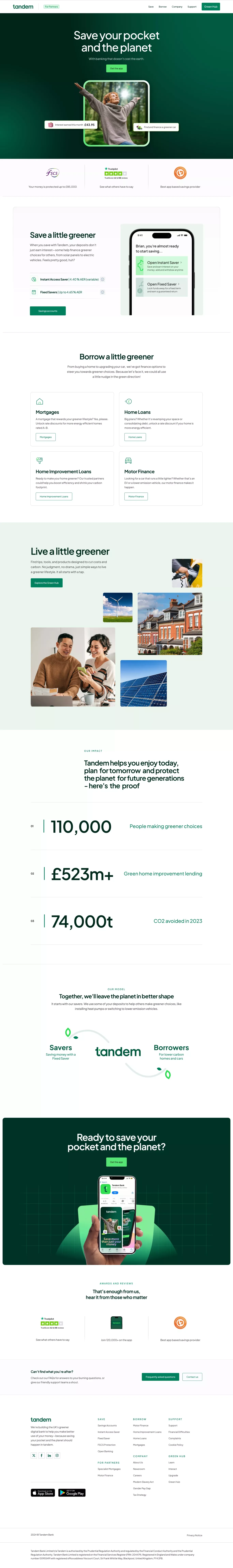 Tandem Bank landing page screenshot showcasing Finance and Nature design