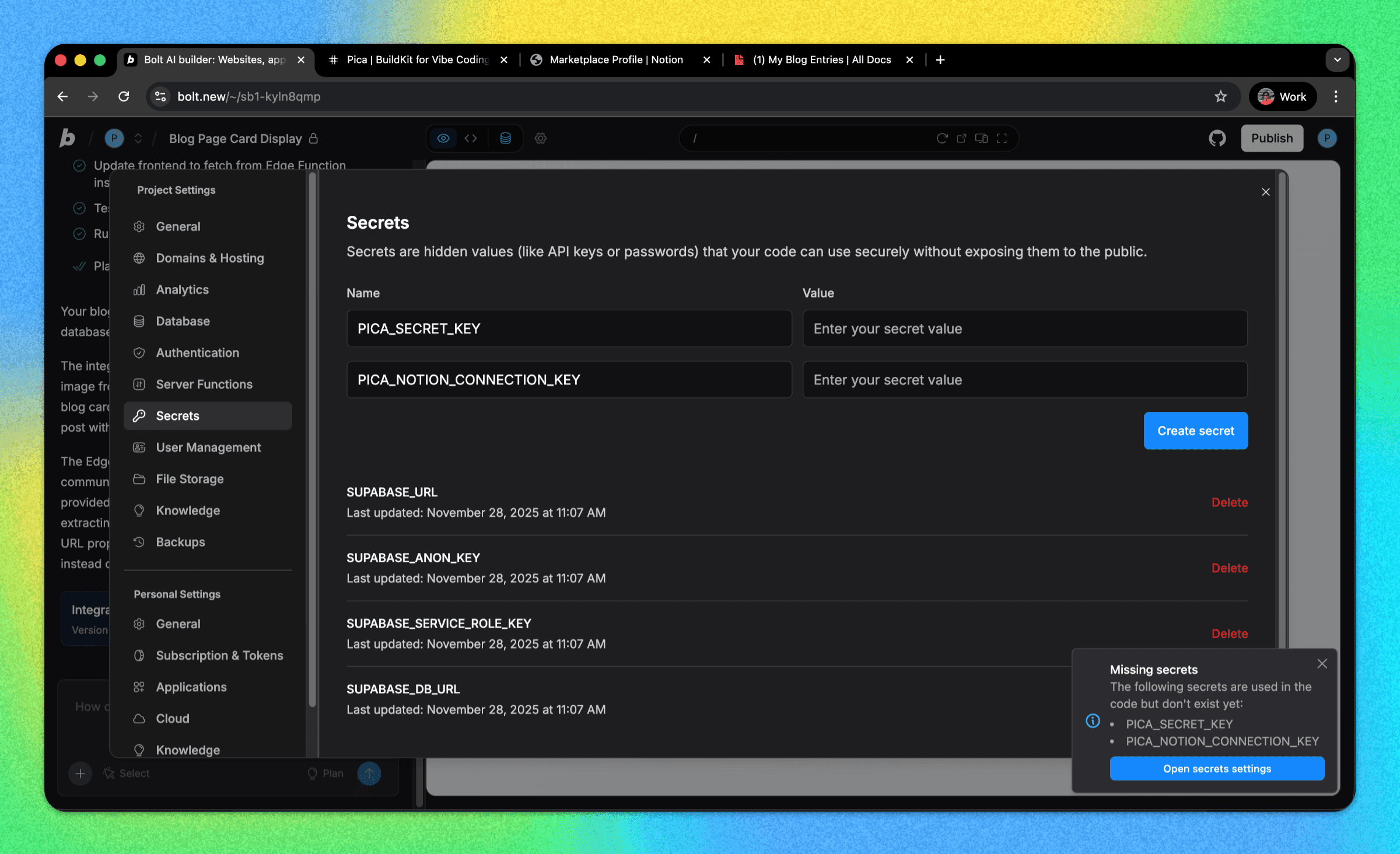 The UI where users can add secrets in bolt.new.
