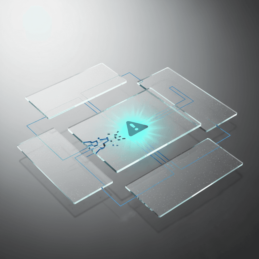 Glass-like layered system highlighting a connection alert in a trading setup