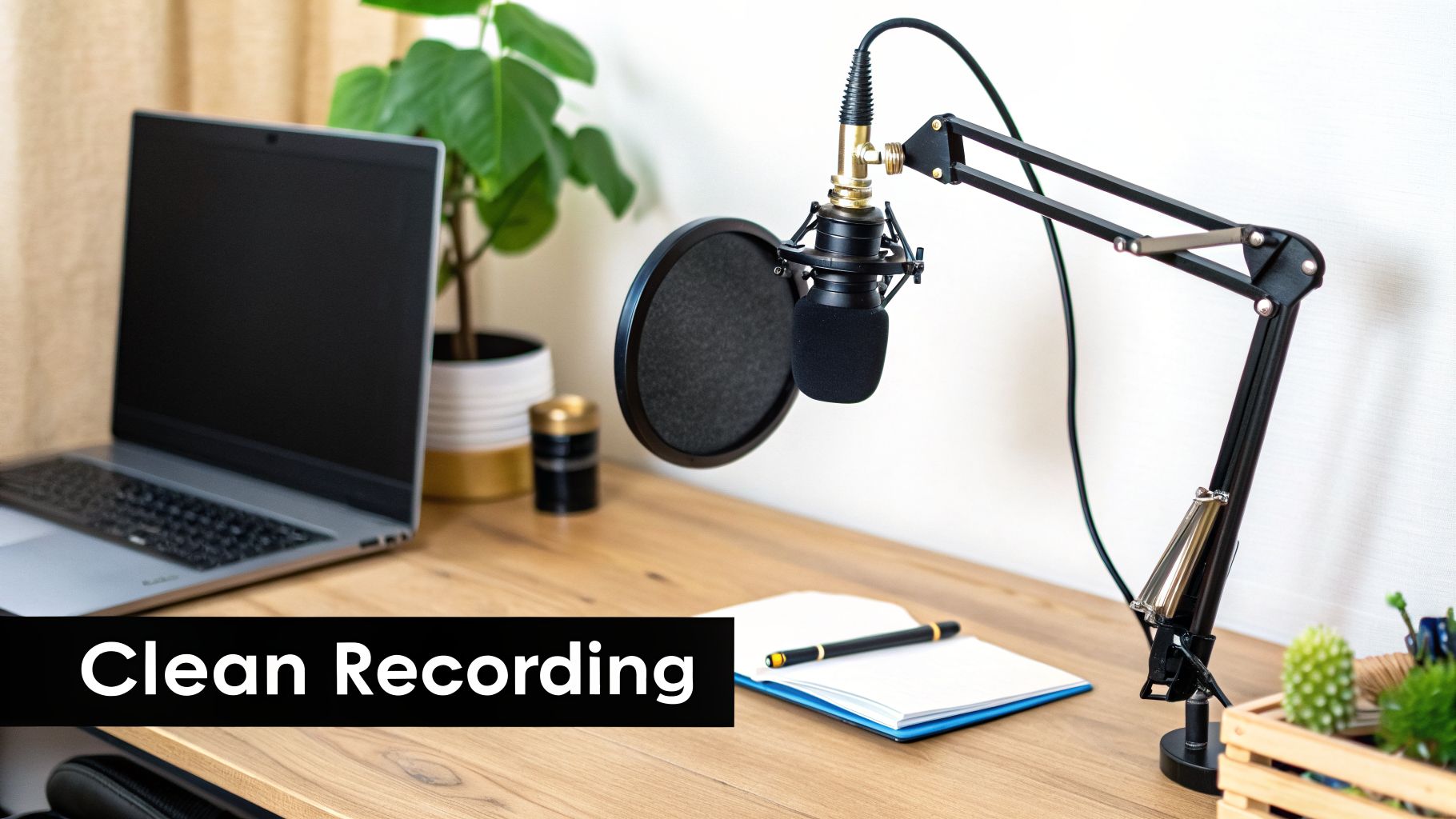 A clean podcasting setup on a wooden desk with a laptop, microphone, pop filter, and notebook.