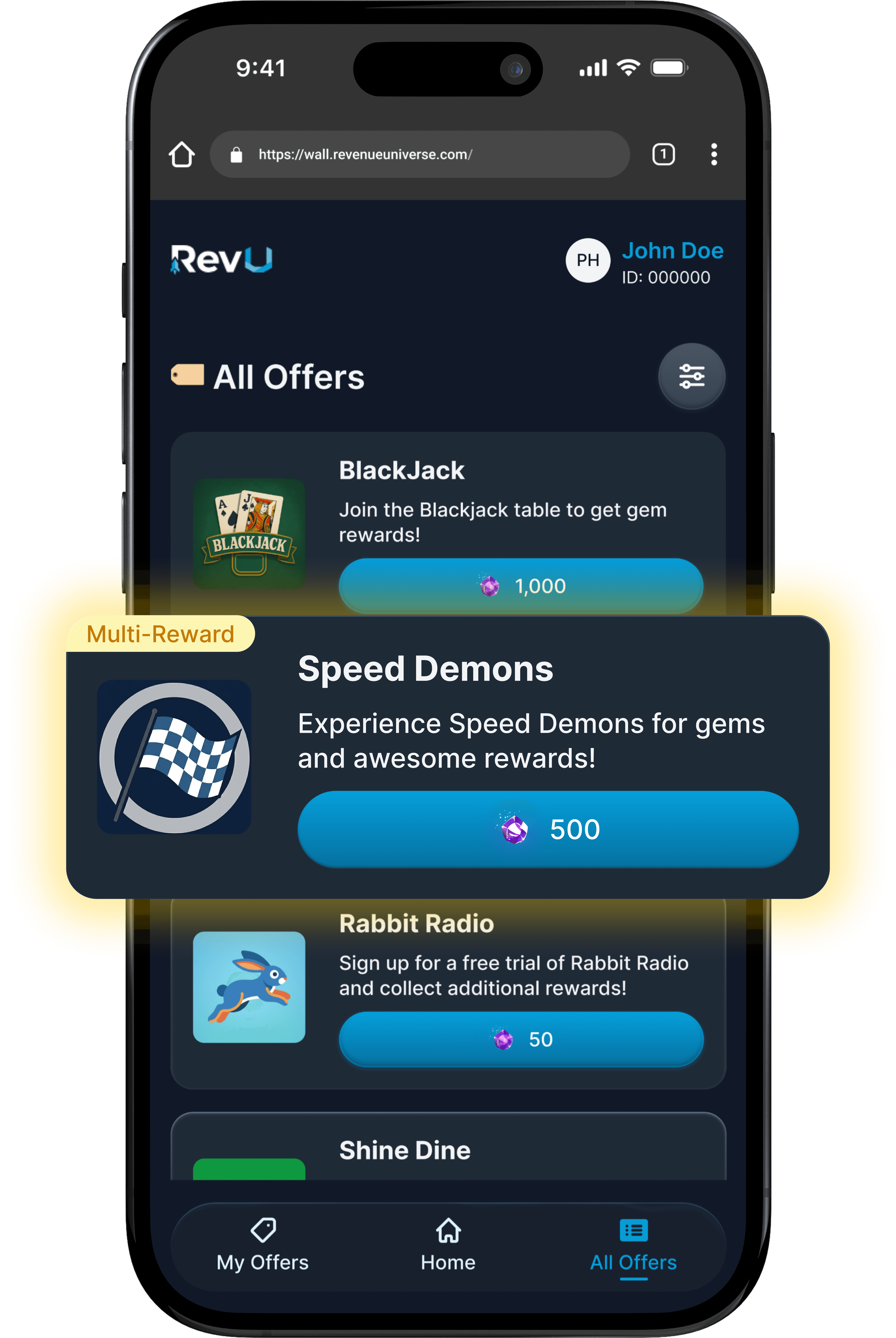 Smartphone showing an offerwall with multiple reward offers.