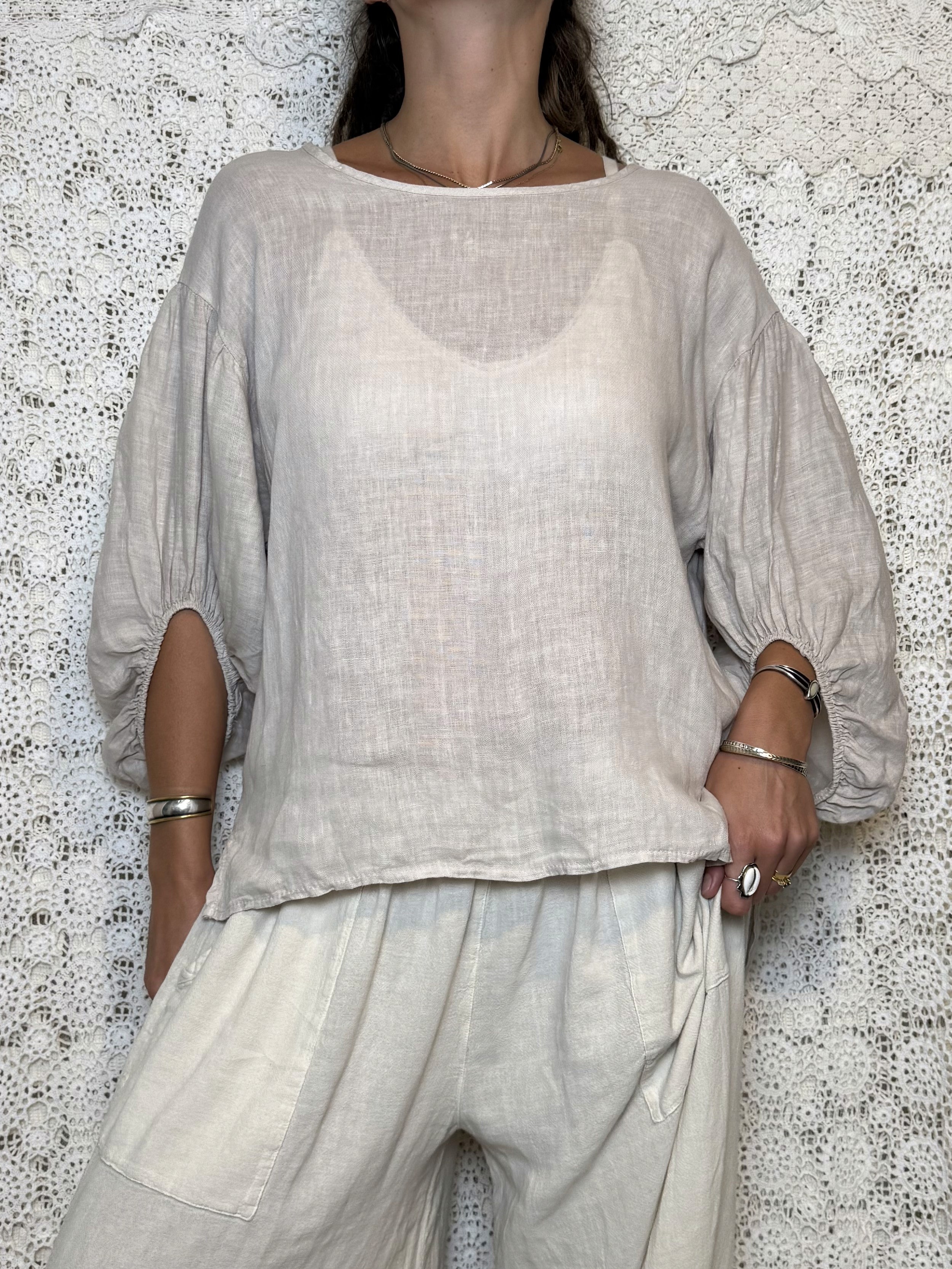 linen oatmeal puff sleeve blouse
