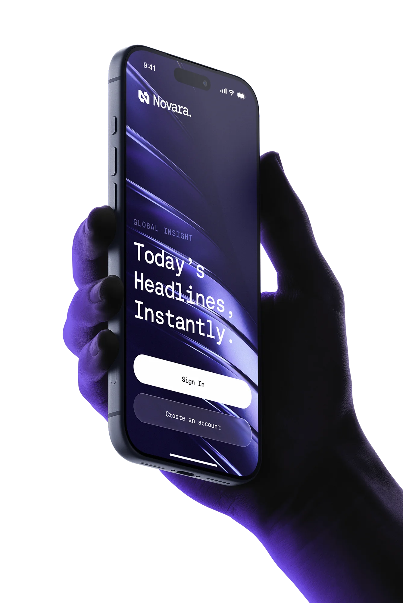 Dark mode iPhone 17 Pro in hand mockup with glowing purple lighting and immersive mobile app presentation.
