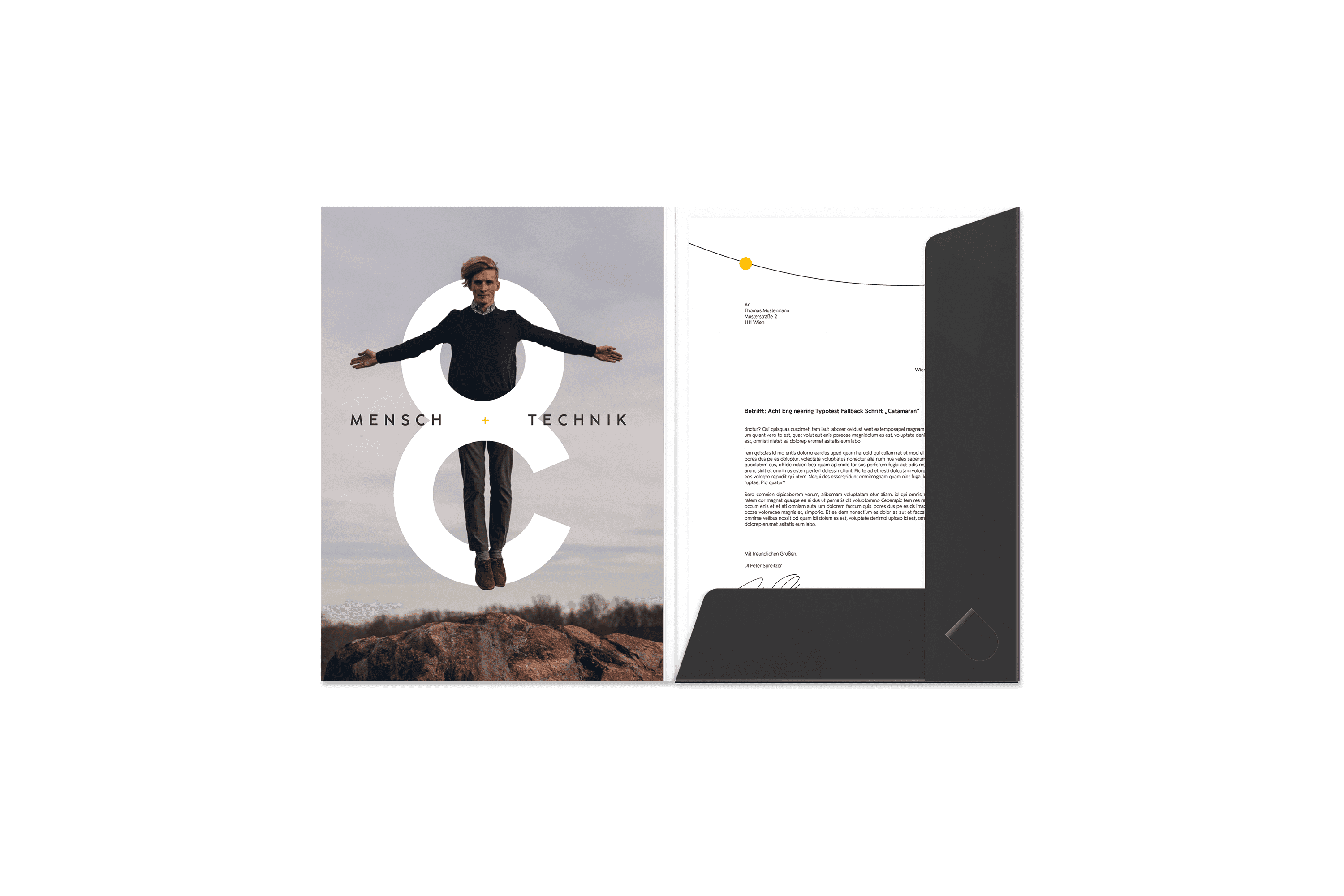 Kundenmappe im ACHT Design mit Geschäftsbrief. Ganzheitliche Entwicklung eines Markenauftritts als konsistentes System über digitale und analoge Anwendungen hinweg.