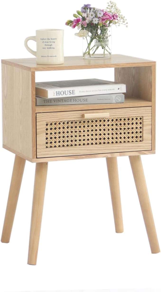 Walnut rattan nightstand – A stylish and functional furniture piece, perfect for any modern home.