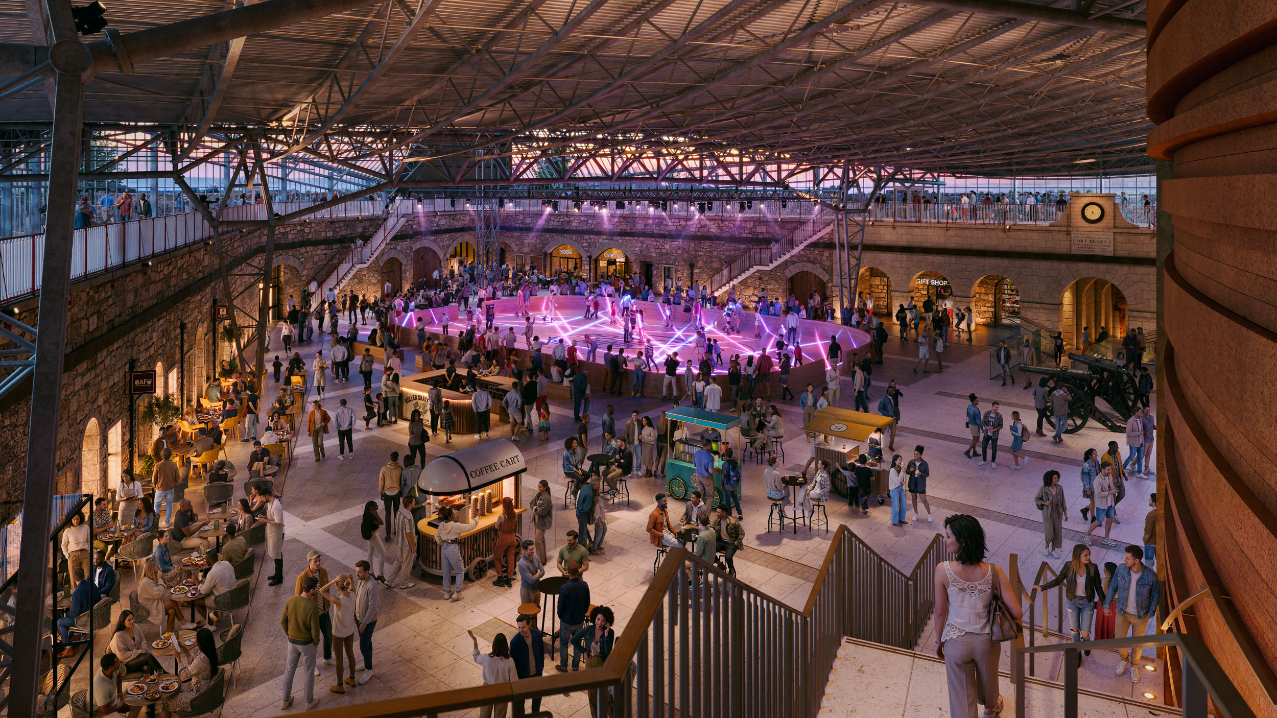 Architectural CGI render of a vibrant commercial interior.