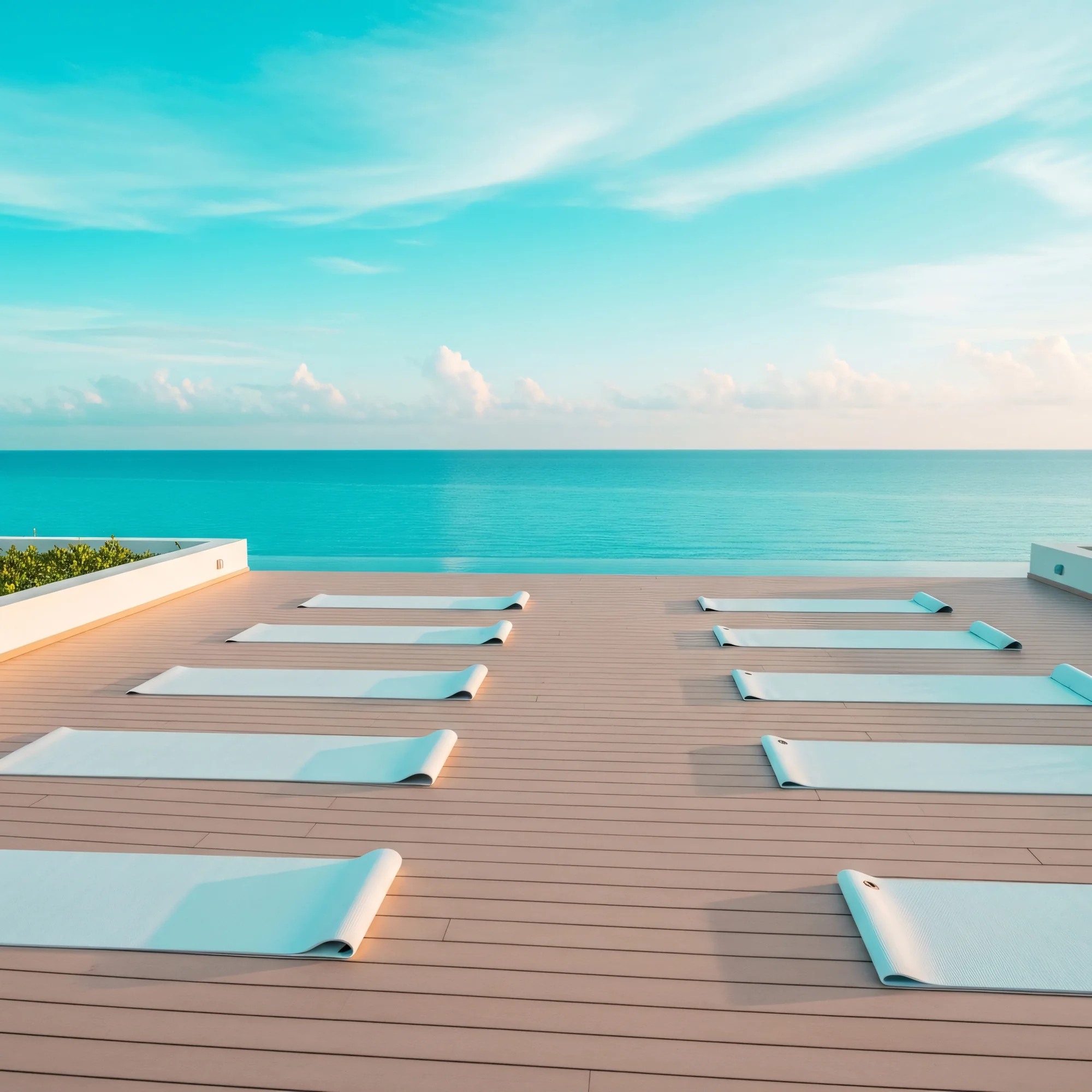 Rows of mats on a sunny deck by the sea