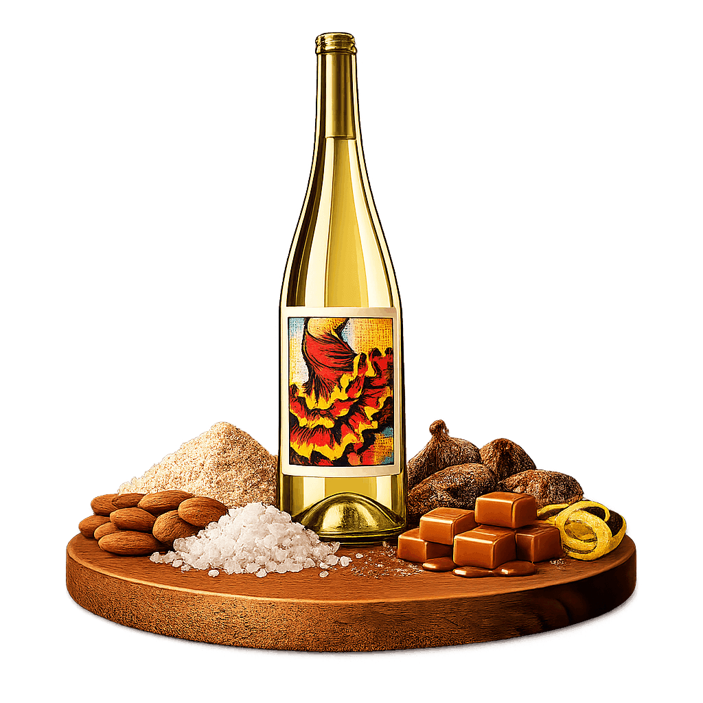 Artistic label and flavor profile for Spanish Sherry (Jerez) on a rustic wooden table.