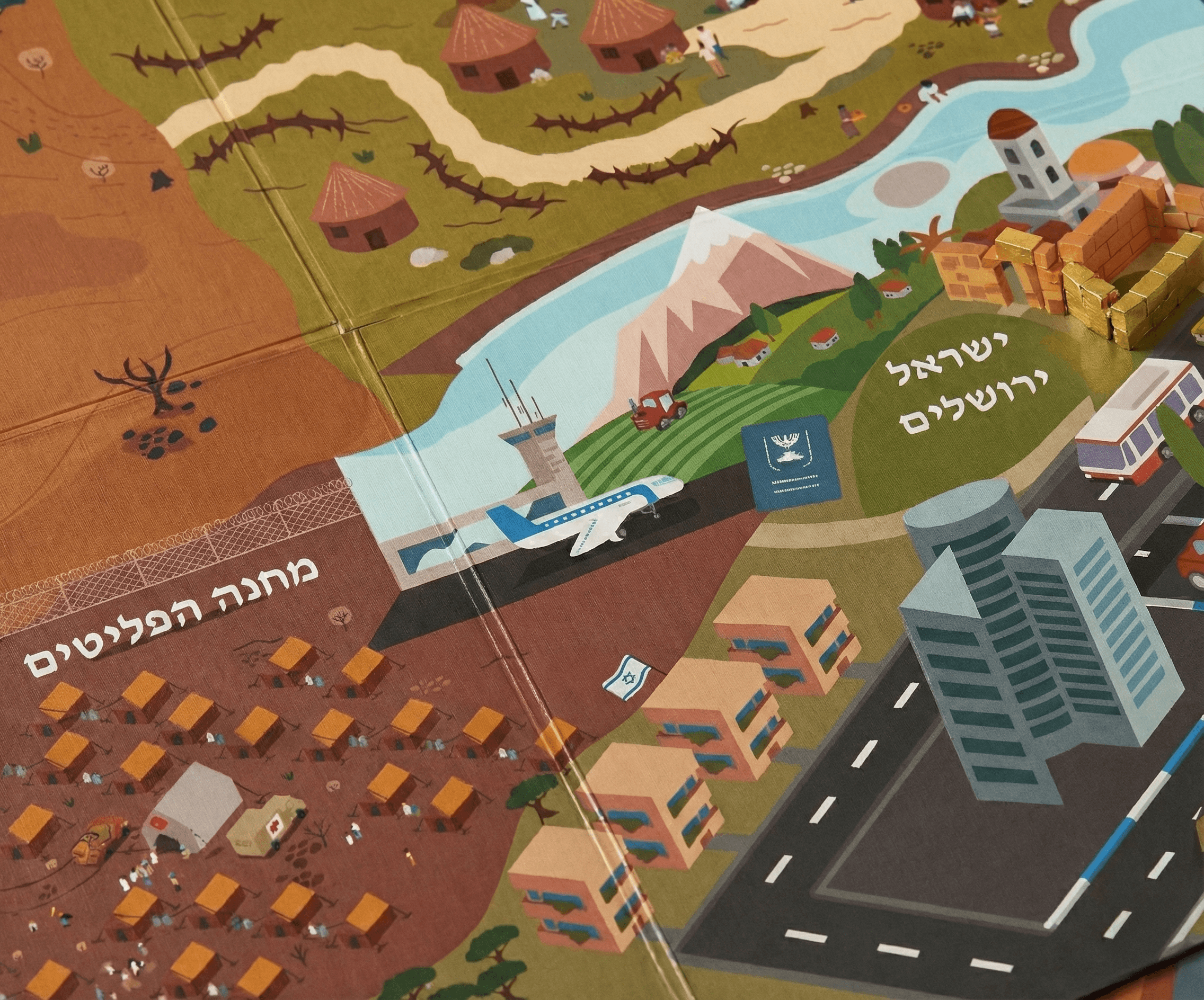 Close-up of the "Gozo" game board map in isometric style, showing the arrival point in Israel with modern city buildings and an airplane.