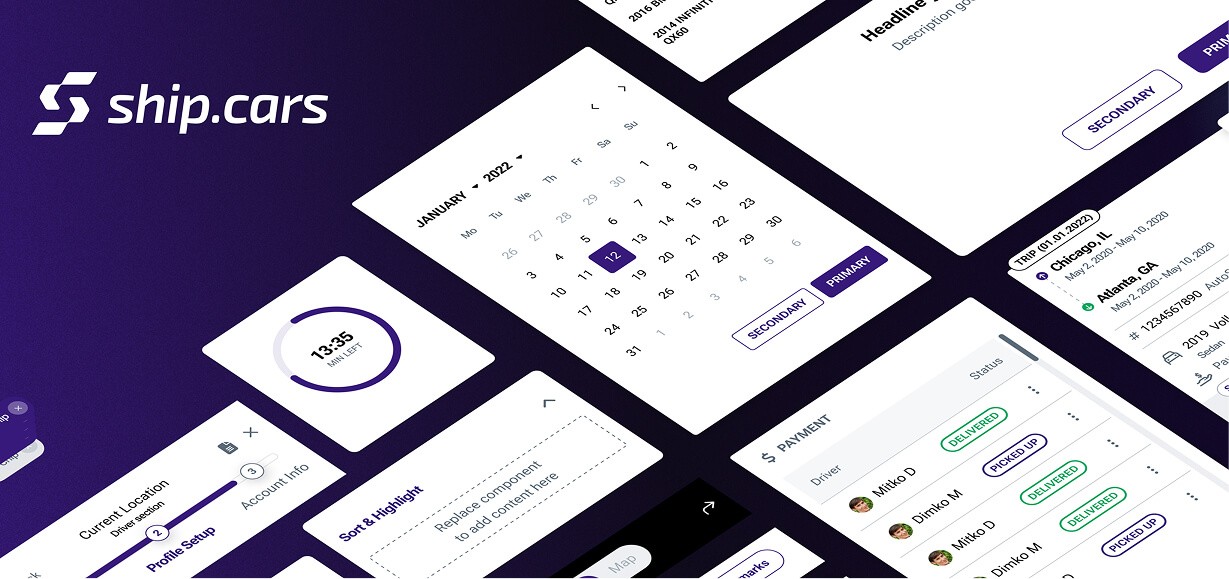 Overview of Ship.Cars design system components including dashboards, calendars, tables, and status indicators used across products