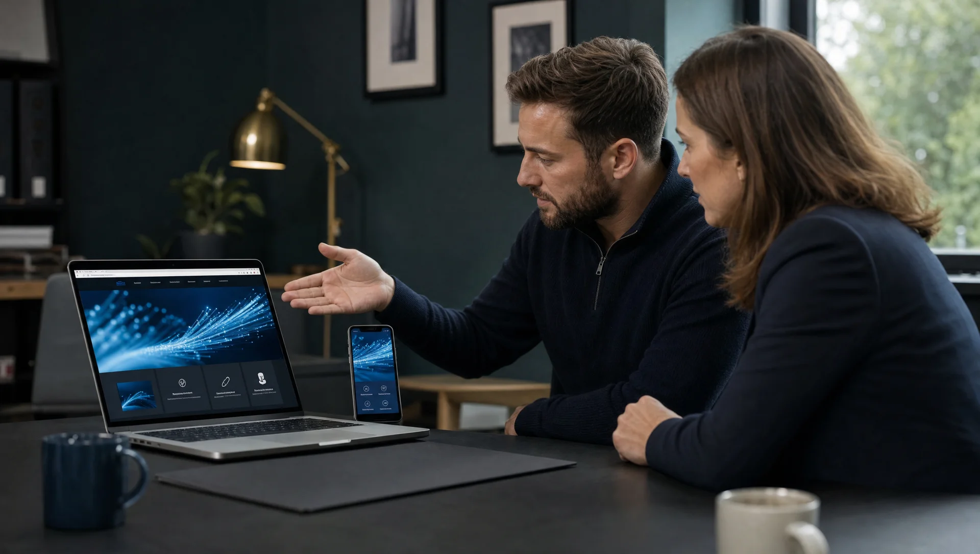 Webdesigner präsentiert einer Kundin die neue Website eines Glasfaseranbieters auf Laptop und Smartphone (KI-generiert)