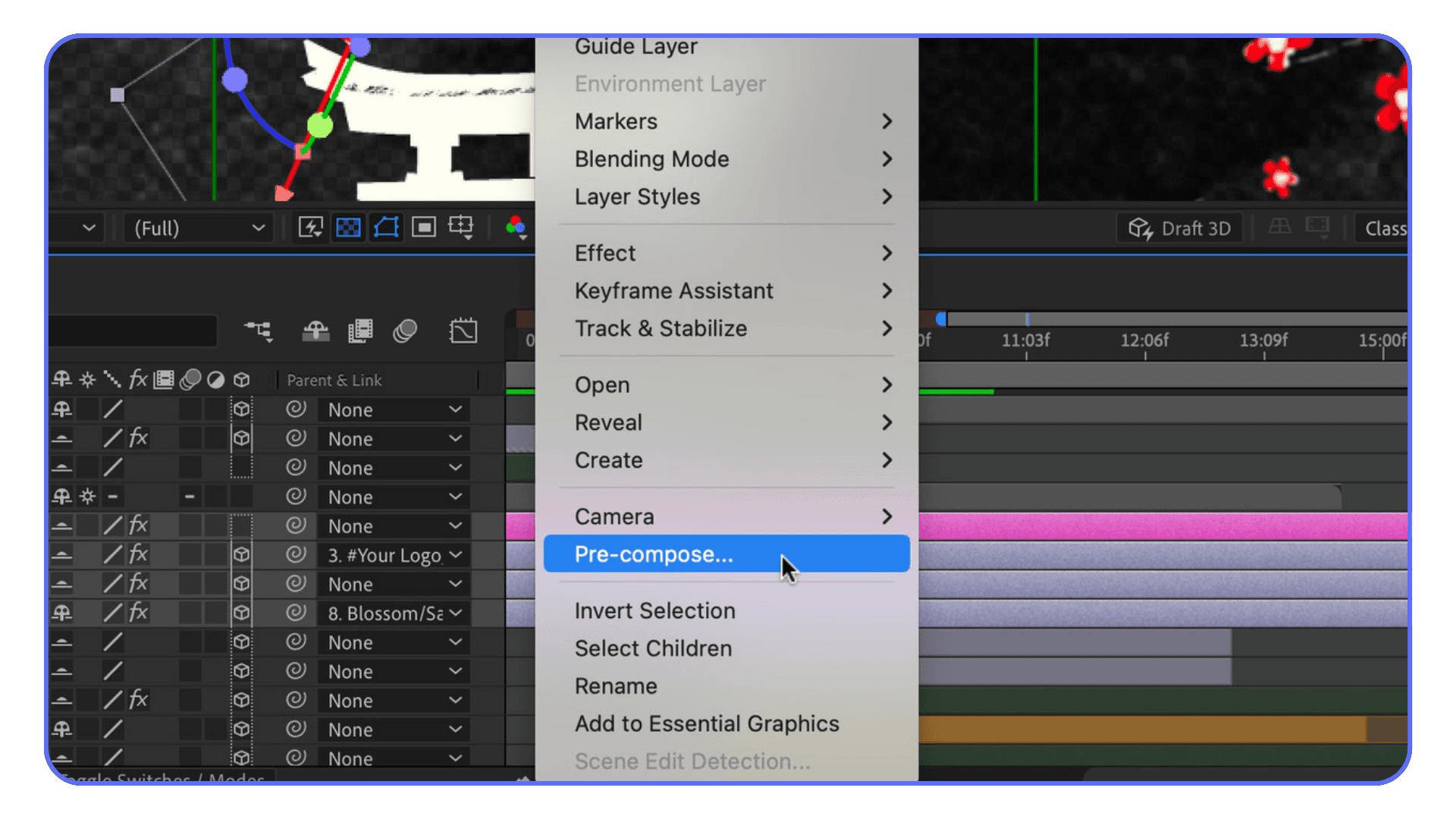 Pre-compose option selected from the layer context menu in After Effects