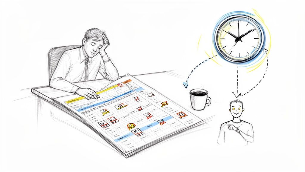 Illustration of a tired man with a large schedule, becoming energized with coffee and time management.