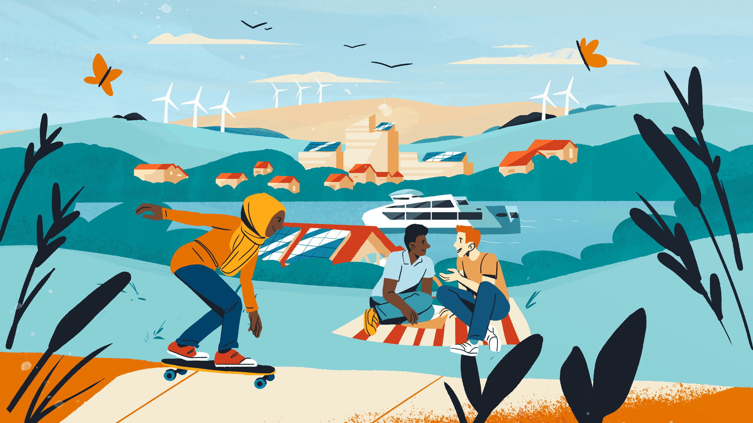 illustration of an utopic city with people skating and chatting in the park