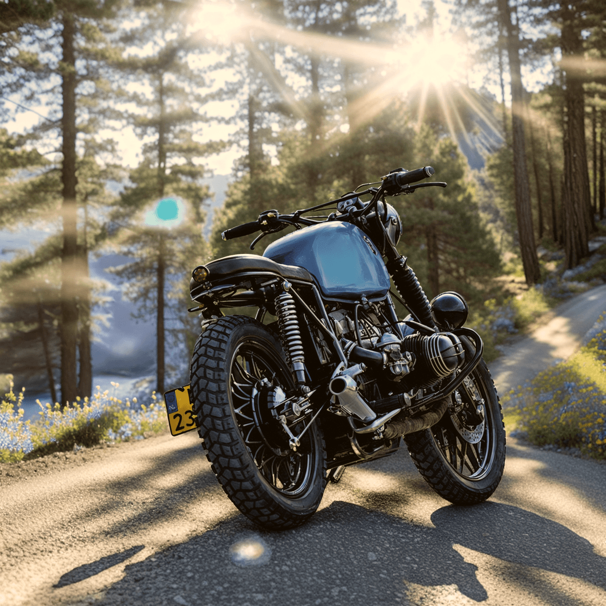 Motorbike on the road in a mountain at dawn. Image generated by AI using Fuzer