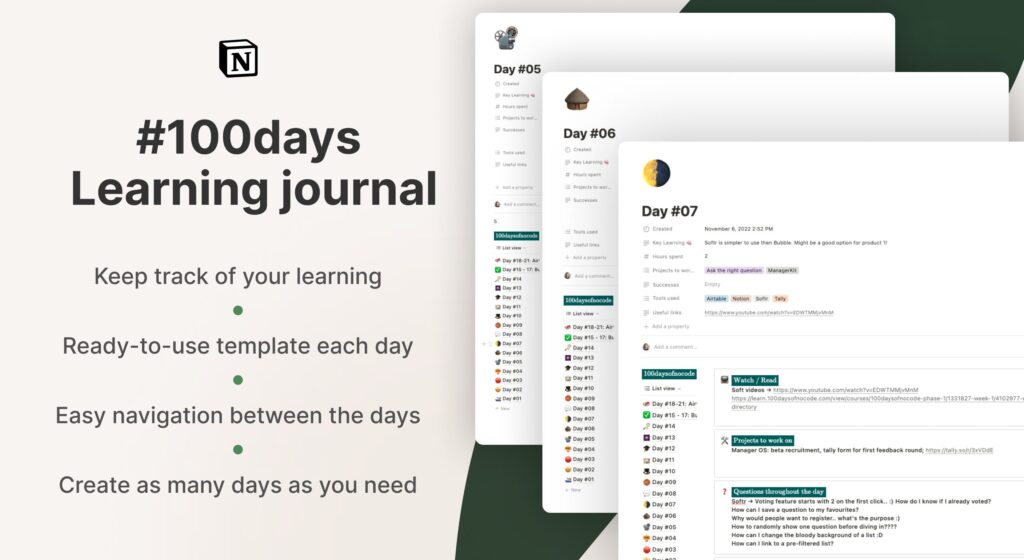 Free Notion Templates 100 days Learning Journal